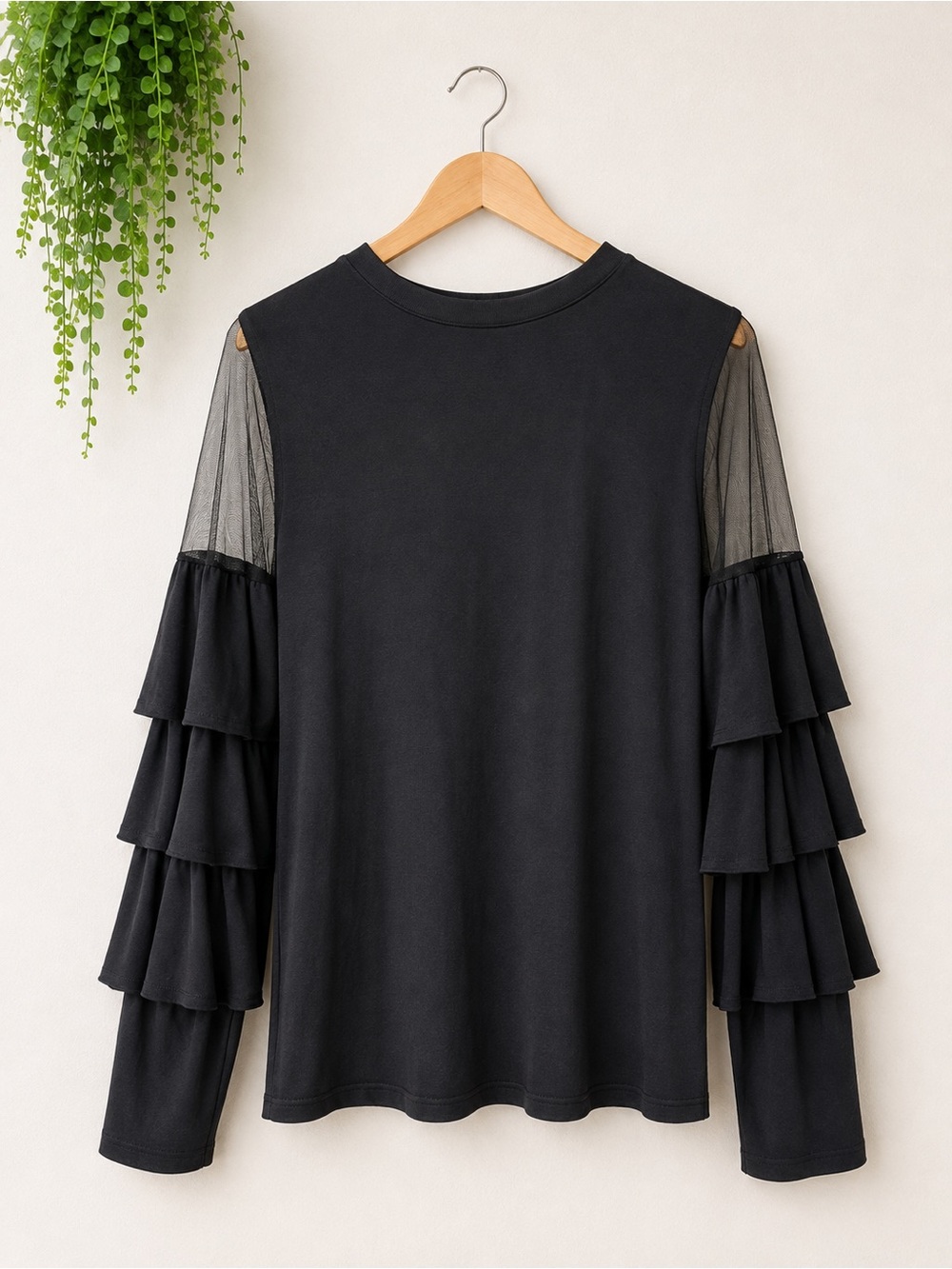 Women's Black Long-Sleeve Ruffle Mesh Detail Top